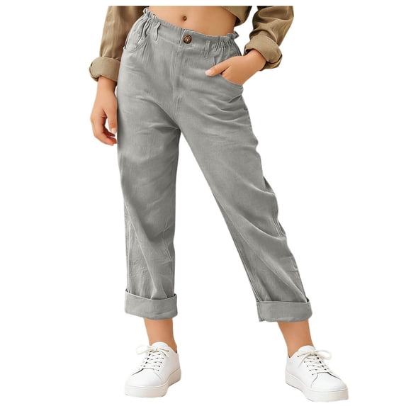 NAISIBABY Girls Capri Pants, with Pockets Elastic Waist Rolled-Cuff Straight Leg Kids Fashion School Uniform Pants Gray 5T