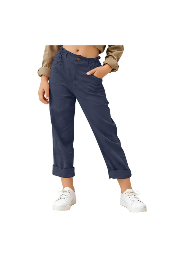 Girls Capri Pants, with Pockets Elastic Waist Rolled-Cuff Straight Leg Kids Fashion School Uniform Pants Navy 9T