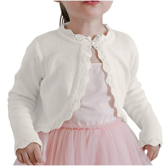NAISIBABY Girls Cardigan Sweater, Casual Ruffles Hollow Out Long Sleeve Kids Cropped Button Closure Tops White 5-6T