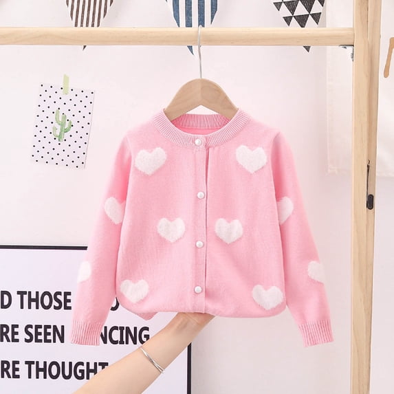 NAISIBABY Girls Cardigan Sweaters, Long Sleeve Warm Knit Heart Pattern Double Layer Cotton Thread Sweater Pink 5T