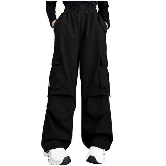 NAISIBABY Girls Cargo Pants 10T, Elastic Waist Straight Leg Multi-Pockets Baggy Casual Fashion Outdoor Trousers Black