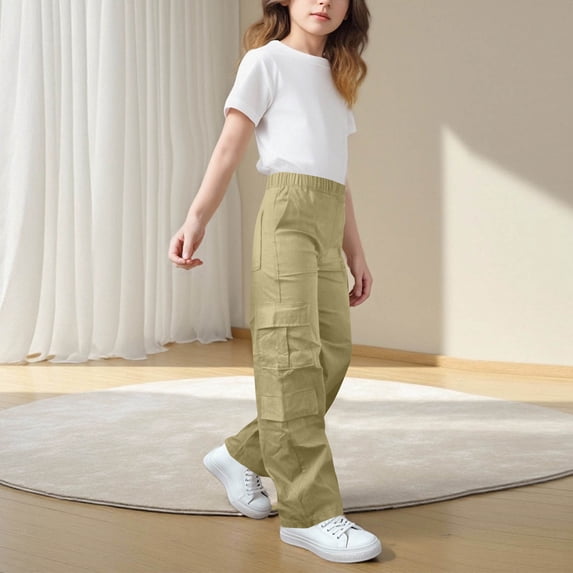 NAISIBABY Girls Cargo Pants, Elastic Waist with Multi-Pockets Straight Leg Kids Full Length Hiking Outdoor Trousers Khaki 9T