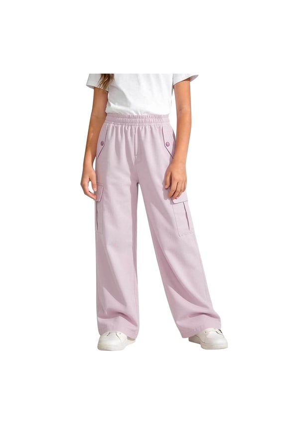 Girls Cargo Pants, Lightweight Straight Leg Elastic Waist Kids Casual Trendy Hiking Outdoor Pants Purple Size 16