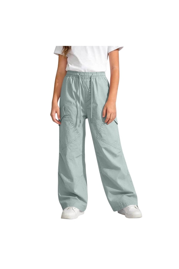Girls Cargo Pants, Multi-Pockets Straight Leg Drawstring Kids Fashion Hiking Outdoor Trousers Green Size 12