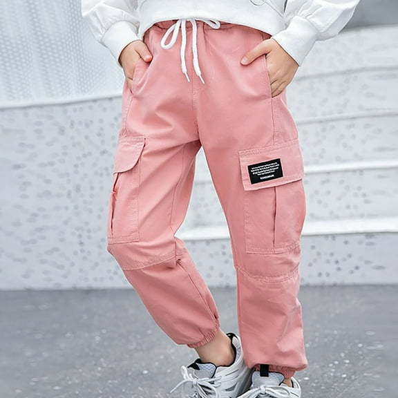 NAISIBABY Girls Cargo Pants Size 10, Baggy Fit with Pockets Drawstring Elastic Waist Kids Fashion Jogger Pants Pink