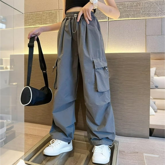 NAISIBABY Girls Cargo Pants Size 7, Multi-Pocket Baggy Fit Elastic Waist Casual Fashion Pants Gray