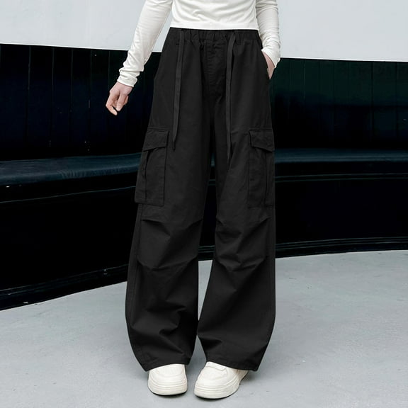 NAISIBABY Girls Cargo Pants, Wide Leg Multi-Pocket Drawstring Fashion Casual Pants Black 13T