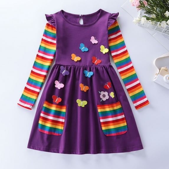 NAISIBABY Girls Casual Dress, Cotton Fashion Appliques Long Sleeve Pleated Dress Purple 3-4T