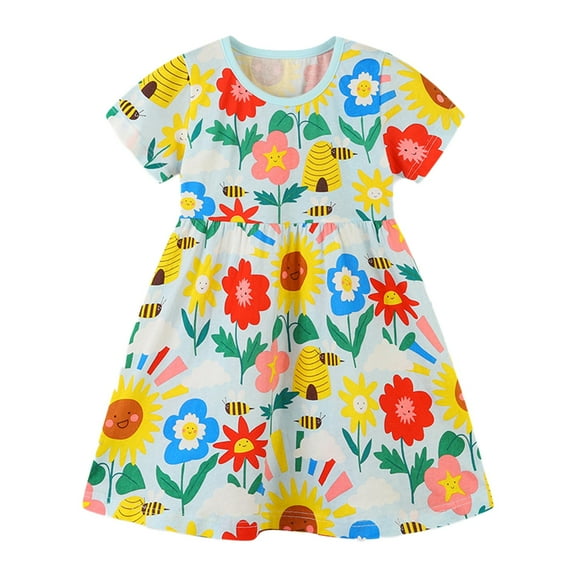 NAISIBABY Girls Casual Dress, Crew Neck Cute Prints Short Sleeve Fashion Midi Dress Red 3T