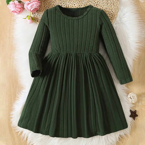 NAISIBABY Girls Casual Dress, Crew Neck Long Sleeve Solid Color Kids Soft Knitted Dress Green 5-6T