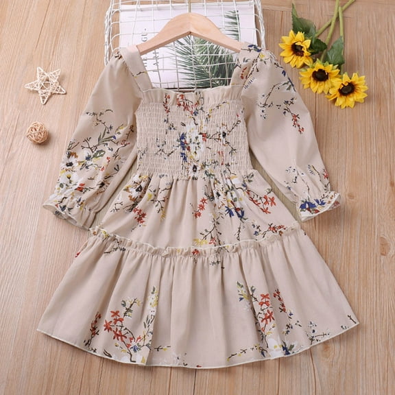 NAISIBABY Girls Casual Dress, Elastic Waist Cute Fashion Floral Prints Long Sleeve Flare Sundress Khaki 2-3T