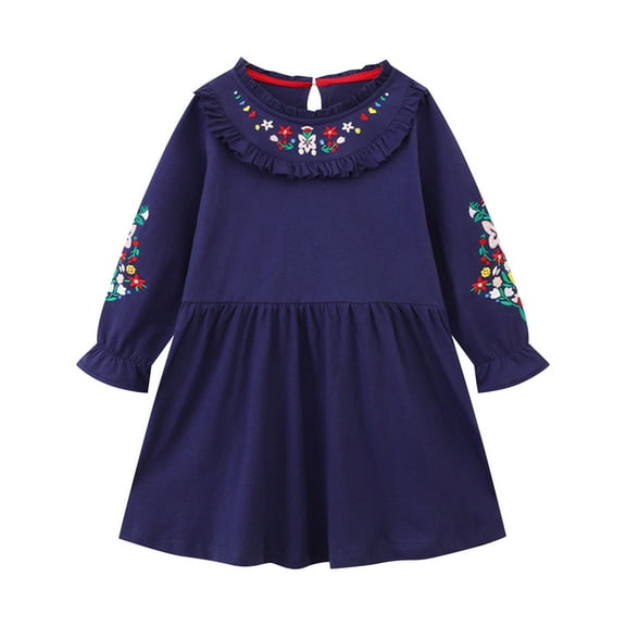 NAISIBABY Girls Casual Dress, Embroidery Floral Long Sleeve Solid Color Cotton Ruffled Dress Dark Blue 5-6T