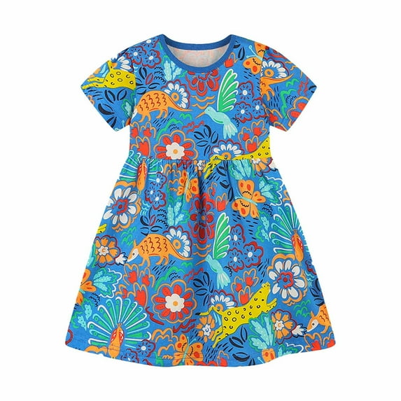 NAISIBABY Girls Casual Dress, Fashion Prints Crew Neck Short Sleeve Kids Cotton Sundress Blue 6T