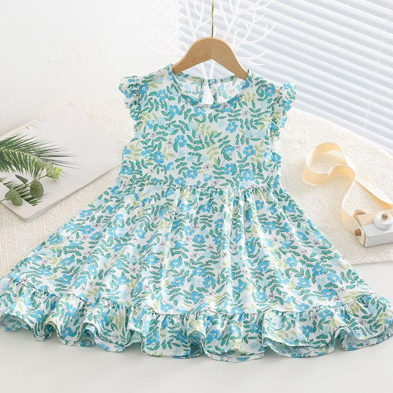 NAISIBABY Girls Casual Dress, Flare Fit Ruffled Sleeveless Floral Summer Cotton Play Dress White 6-7T