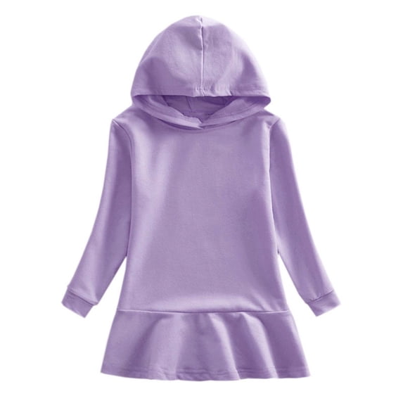 NAISIBABY Girls Casual Dress, Long Sleeve Solid Color Pleated Flare Hooded Sweatshirt Dress Purple 5-6T