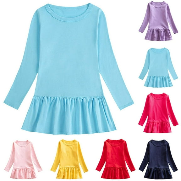 NAISIBABY Girls Casual Dress, Pleated Flare Long Sleeve Solid Color Loose Comfy Cotton Dress Light Blue 2-3T