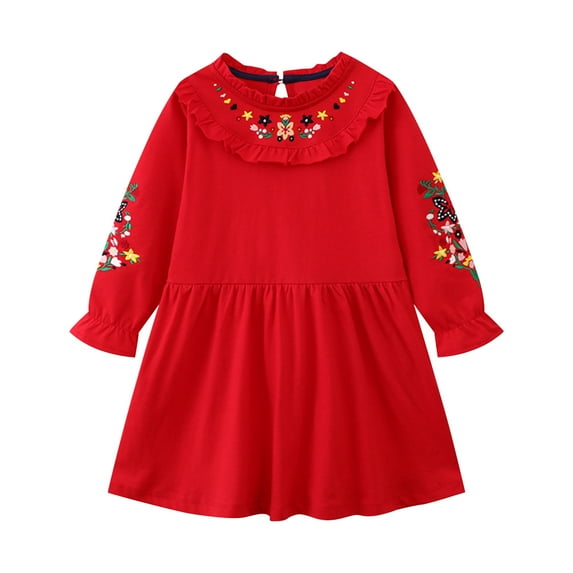 NAISIBABY Girls Casual Dress, Solid Color Long Sleeve Embroidery Floral Cotton Ruffled Dress Red 6-7T