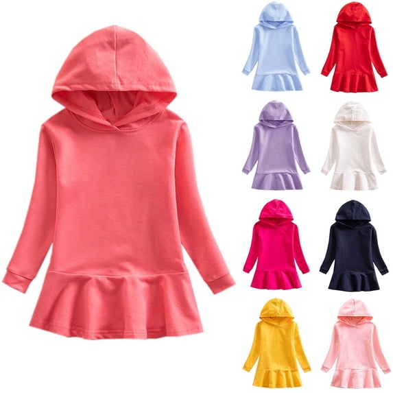 NAISIBABY Girls Casual Dress, Solid Color Long Sleeve Pleated Flare Hooded Sweatshirt Dress Watermelon Red 5-6T