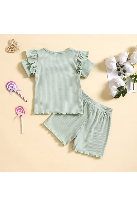 Girls Casual Set, Kids Cute Pleated Short Sleeve Tops Shorts Solid Color Comfy Suit Mint Green 3T