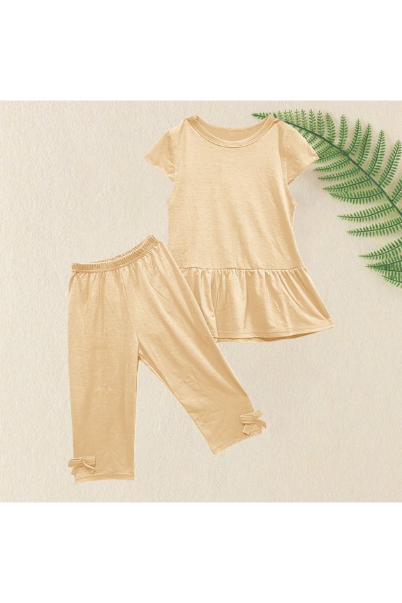 Girls Casual Set, Round Neck Short Sleeve Pleated Hem Tops Pants Solid Color Suit Khaki 90