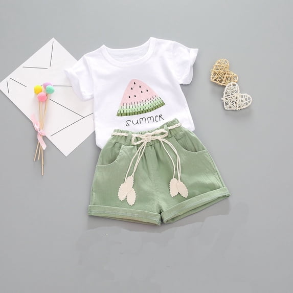 NAISIBABY Girls Casual Set, Round Neck Short Sleeve Printed Tops Solid Color Shorts Suit Green 3T