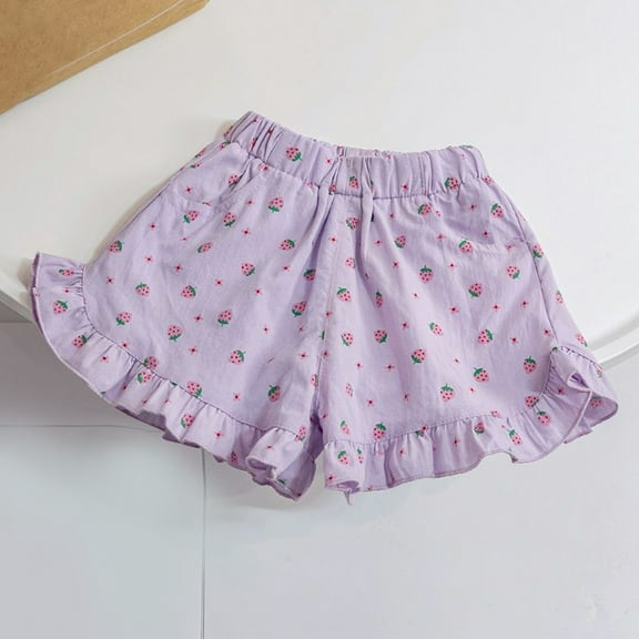NAISIBABY Girls Casual Shorts, Elastic Waist Ruffled Strawberry Prints Summer Cotton Cute Shorts Purple 3-4T
