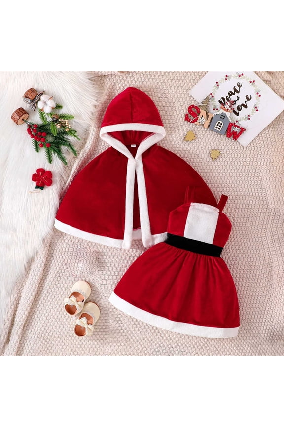 Girls Christmas Dress, Santa Cosplay Suspender Funny Party Dress with Hooded Shawl Red 2-3T