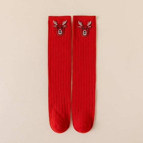 NAISIBABY Girls Christmas Socking, Non Slip Stretch Cotton Breathable Kids Knee High Socks Red Free Size