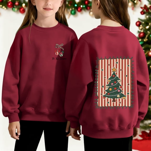 NAISIBABY Girls Christmas Sweatshirt, Long Sleeve Fleece Lined Crewneck Casual Fashion Festival Tops Wine 3T