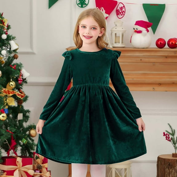 NAISIBABY Girls Christmas Velour Dresses, Ruffle Long Sleeve Party Casual Crewneck Fall Winter Princess Dresses Green 11T