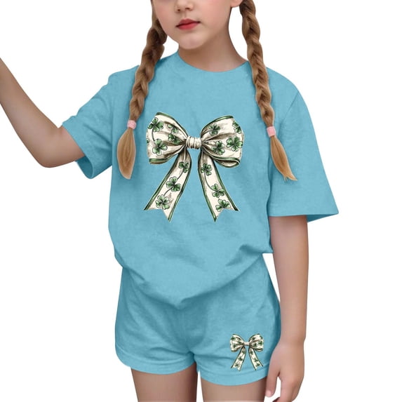 NAISIBABY Girls Clothes Set, St Patrick's Day Prints T-Shirt and Shorts 2-Piece Summer Fashion Outfits Blue 6T