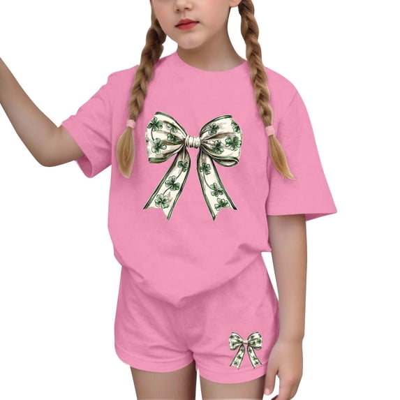 NAISIBABY Girls Clothes Set, St Patrick's Day Prints T-Shirt and Shorts 2-Piece Summer Fashion Outfits Pink 10T