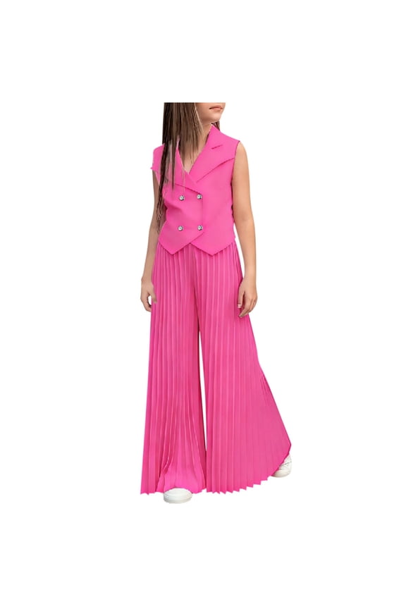 Girls Clothing Set (2-9T), Sleeveless Collar Blazers and Pleated Wide Leg Pants Wedding Formal Suit Outfit 2-Piece 7T