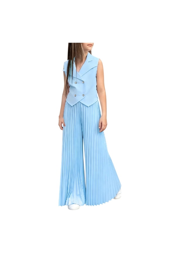 Girls Clothing Set, Sleeveless Collar Blazers and Pleated Wide Leg Pants Wedding Formal Suit Outfit 2-Piece Light Blue 7T