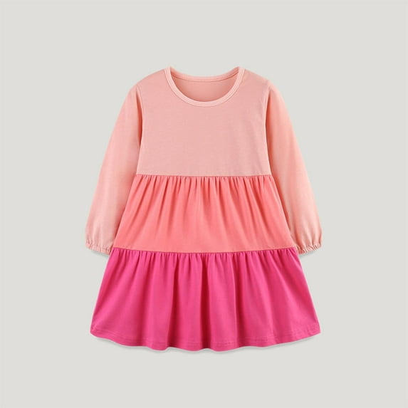 NAISIBABY Girls Color Block Dress, Comfy Loose Long Sleeve Crew Neck Cotton Pleated Sundress Pink 6-7T