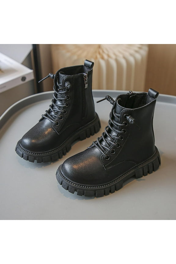 Girls Combat Boots, Mid-Cut Lace Up Zipper British Style Comfortable Fashion Boots Black