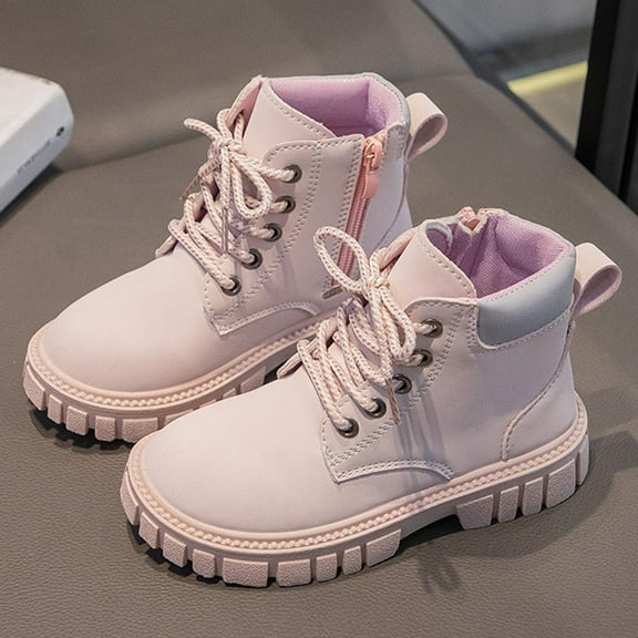 NAISIBABY Girls Combat Boots, Thicken Sole Lace Up Side Zipper British Style Kids Fashion Ankle Booties Pink 12(Little Kids)