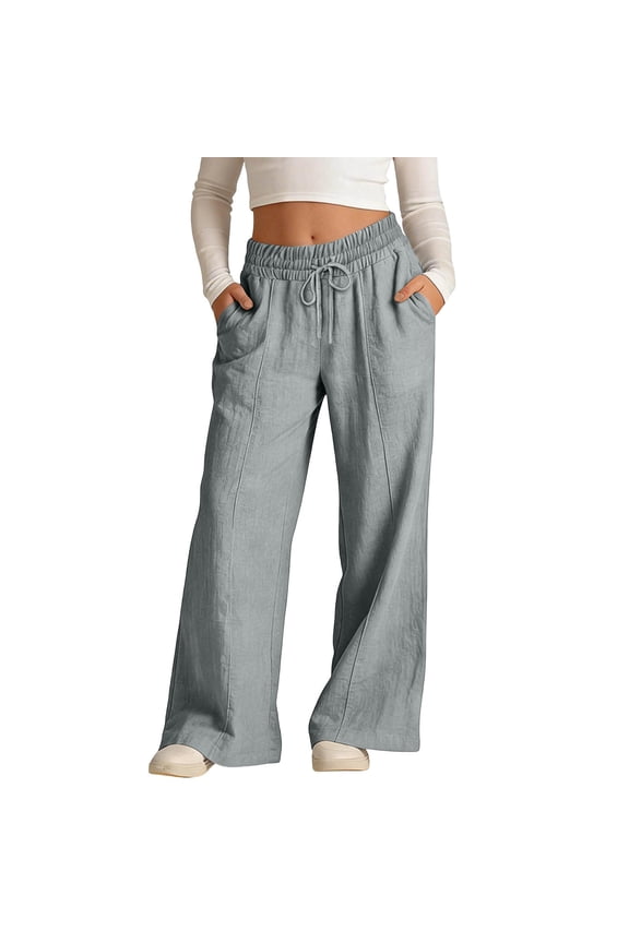 Girls Cotton Linen Pants, with Pockets Wide Leg Drawstring Kids Baggy Lightweight Casual Pants Gray Size 14