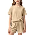 thumbnail image 1 of NAISIBABY Girls Cotton Linen Sets, Comfort Breathable Short Sleeve T-Shirt & Shorts Lightweight Casual Outfits 2-Piece Beige Size 14, 1 of 8
