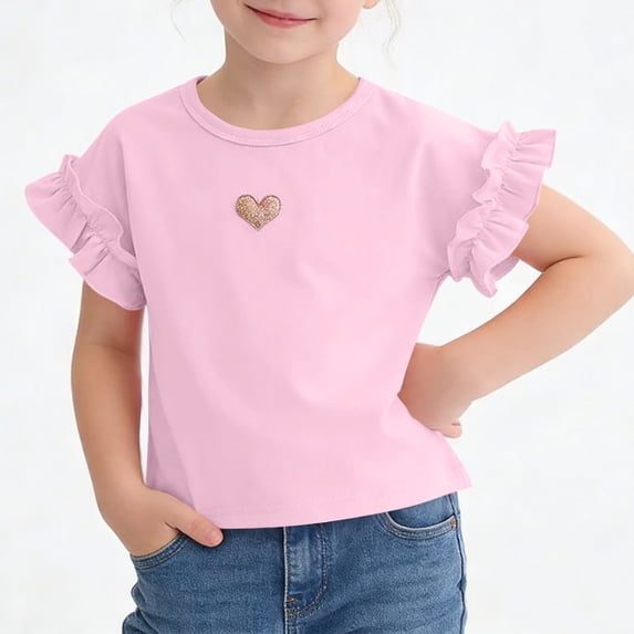 NAISIBABY Girls Cotton T-Shirt (1-8T), Ruffles Short Sleeve Crewneck Heart Prints Kids Summer Casual Tees Size 6