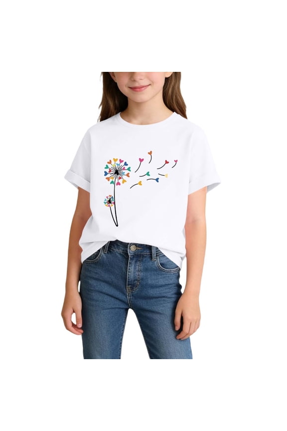 Girls Cotton T-Shirt, Rolled Short Sleeve Crewneck Fashion Graphic Summer Casual Tee White Size 6