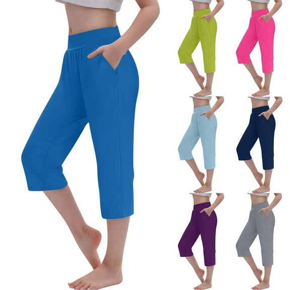 NAISIBABY Girls Cropped Sweatpants, Active Fit Elastic Waist Workout Running Yoga Pants with Pockets Blue 13-14T