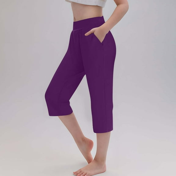 NAISIBABY Girls Cropped Sweatpants, Active Fit Elastic Waist Workout Running Yoga Pants with Pockets Purple 13-14T