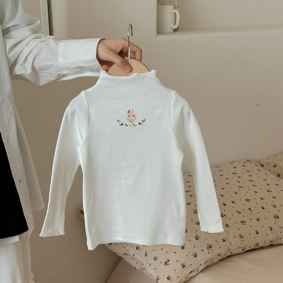 NAISIBABY Girls Cute Shirts, Long Sleeve Crewneck Solid Color Cotton Casual Basic Tops White 5-6T