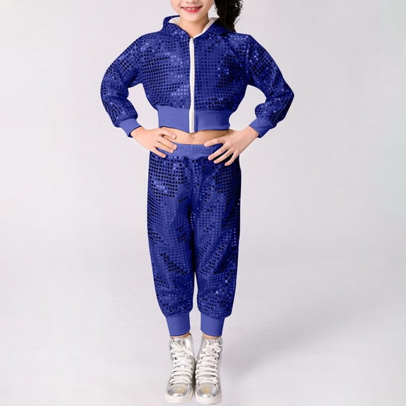NAISIBABY Girls Dance Performance 2-Pieces Set, Sequined Sparkly Long Sleeve Jacket Long Pants Kids Fashion Outfits Blue 5-6T