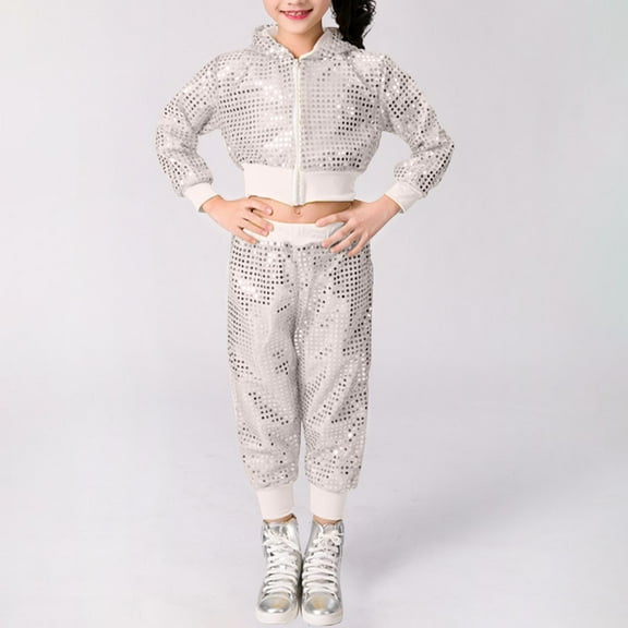 NAISIBABY Girls Dance Performance 2-Pieces Set, Sequined Sparkly Long Sleeve Jacket Long Pants Kids Fashion Outfits Silver 3-4T