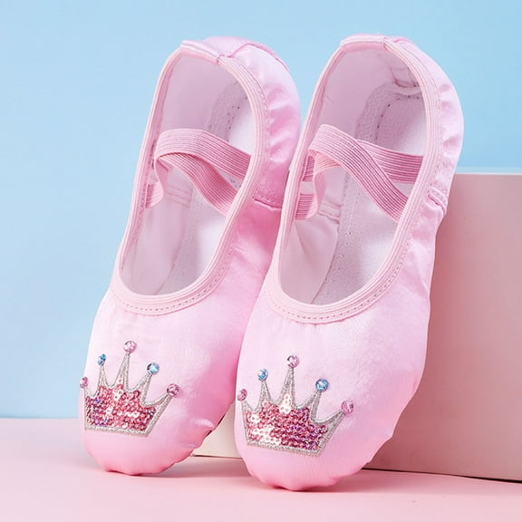 NAISIBABY Girls Dance Shoes, X Strap Rhinestone Crown Soft Fitness Yoga Ballet Flat Shoes Pink