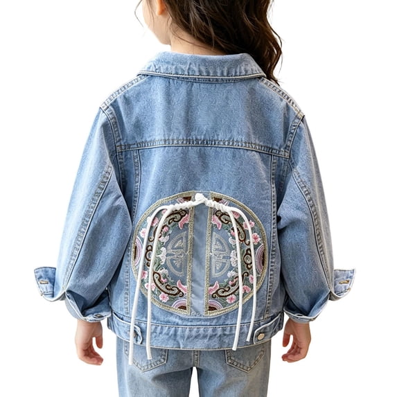 NAISIBABY Girls Denim Jacket,Embroidered Long Sleeve Jean Coat with Pockets Autumn Winter Blue Size 3T