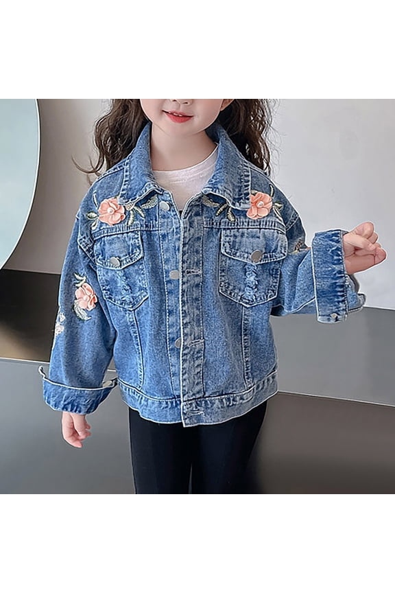 Girls Denim Jacket, Floral Embroidery Long Sleeve Button-Up Collar Classic Fashion Cowgirl Outwear Blue 7T