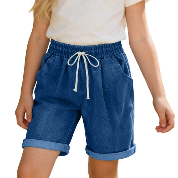 NAISIBABY Girls Denim Shorts, Drawstring Streych Soft Loose with Pockets Summer Casual Bermuda Shorts Blue Size 12